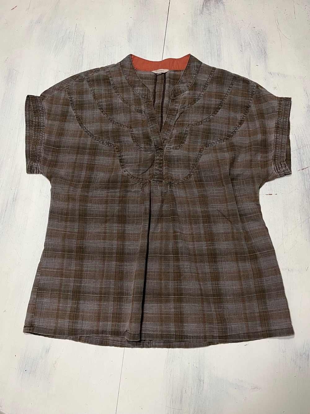 Vintage Fossil 100% Cotton Plaid Popover Top Minimalist Cottagecore Lagenlook